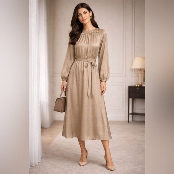 LOFT Dresses & Skirts - LOFT Satin Polka Dot Midi Dress Beige Black Long Sleeve Size 14